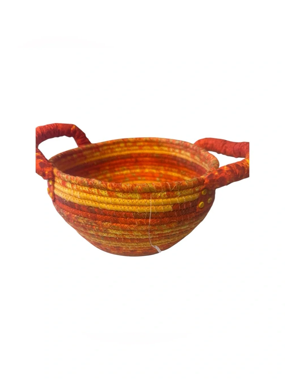 Handmade K Designs Coiled Fabric Basket Orange Rust Gold Double Handle